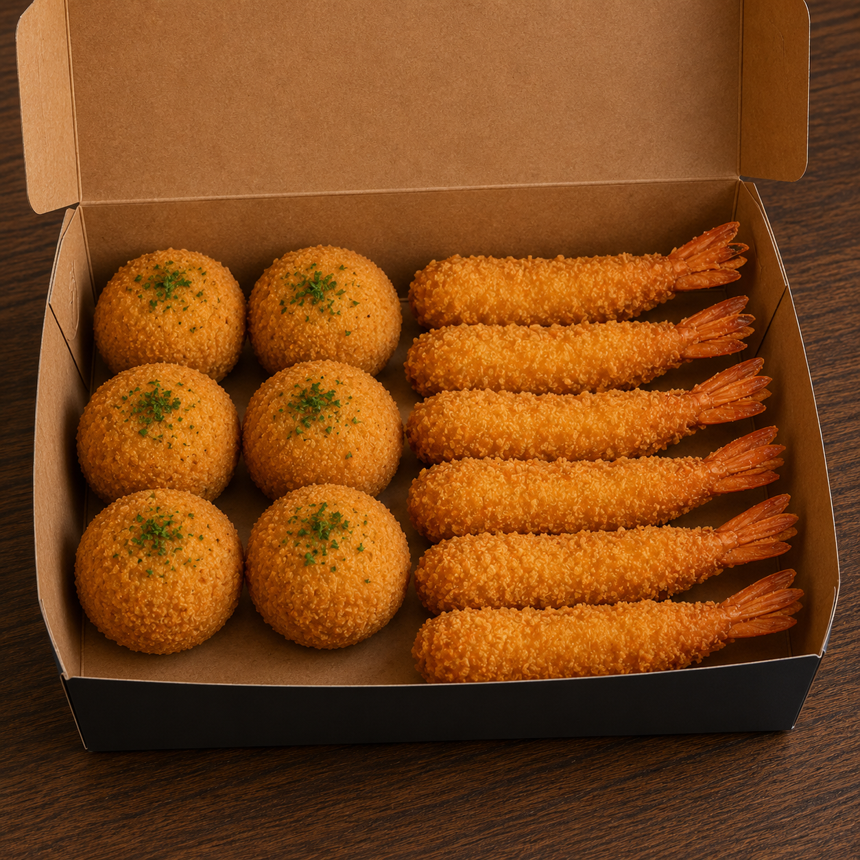 Combo bolinho de bacalhau e camarão empanado